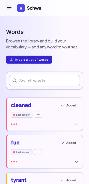 Pantalla de Schwa para crear tu lista de vocabulario, con búsqueda rápida y palabras agrupadas por sesión