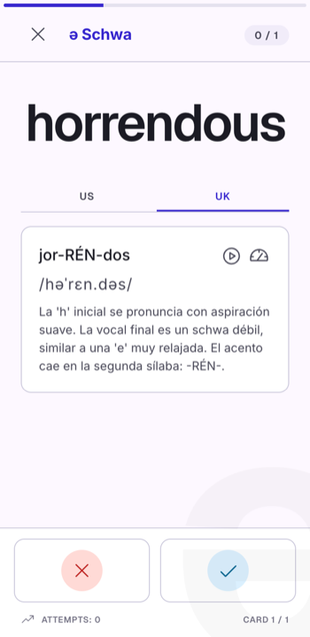 Pantalla de Schwa mostrando el análisis fonético de la palabra 'horrendous'