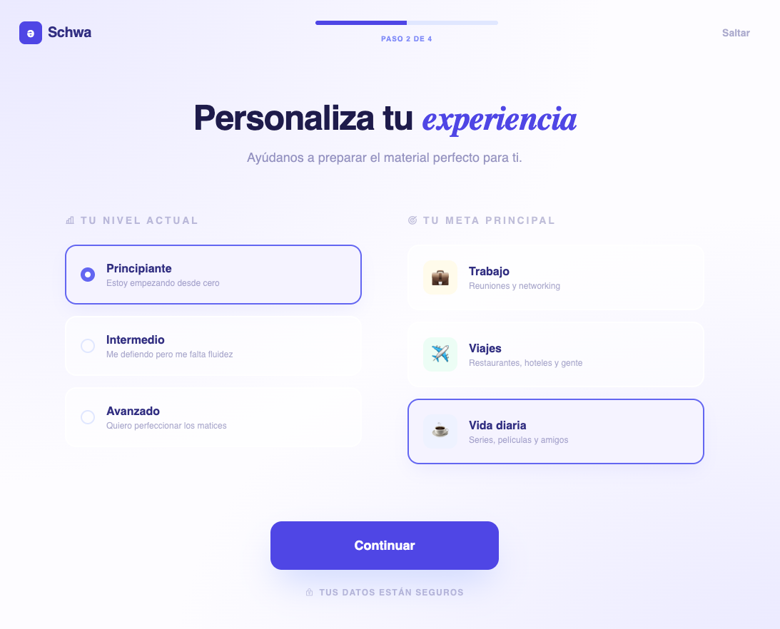 Pantalla de personalización inicial con nivel y meta principal