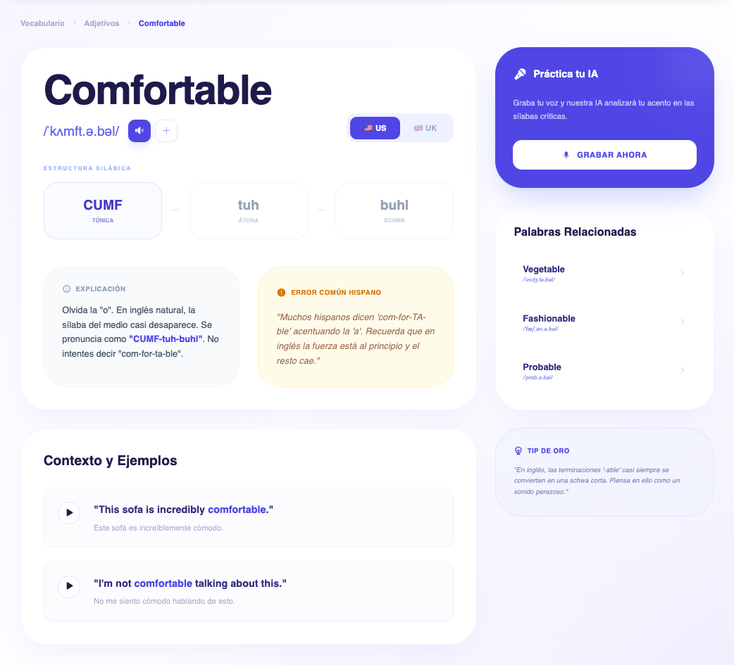Análisis fonético de la palabra Comfortable con estructura silábica y ejemplos