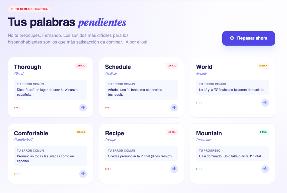 Listado de palabras pendientes con su nivel de dificultad y error común